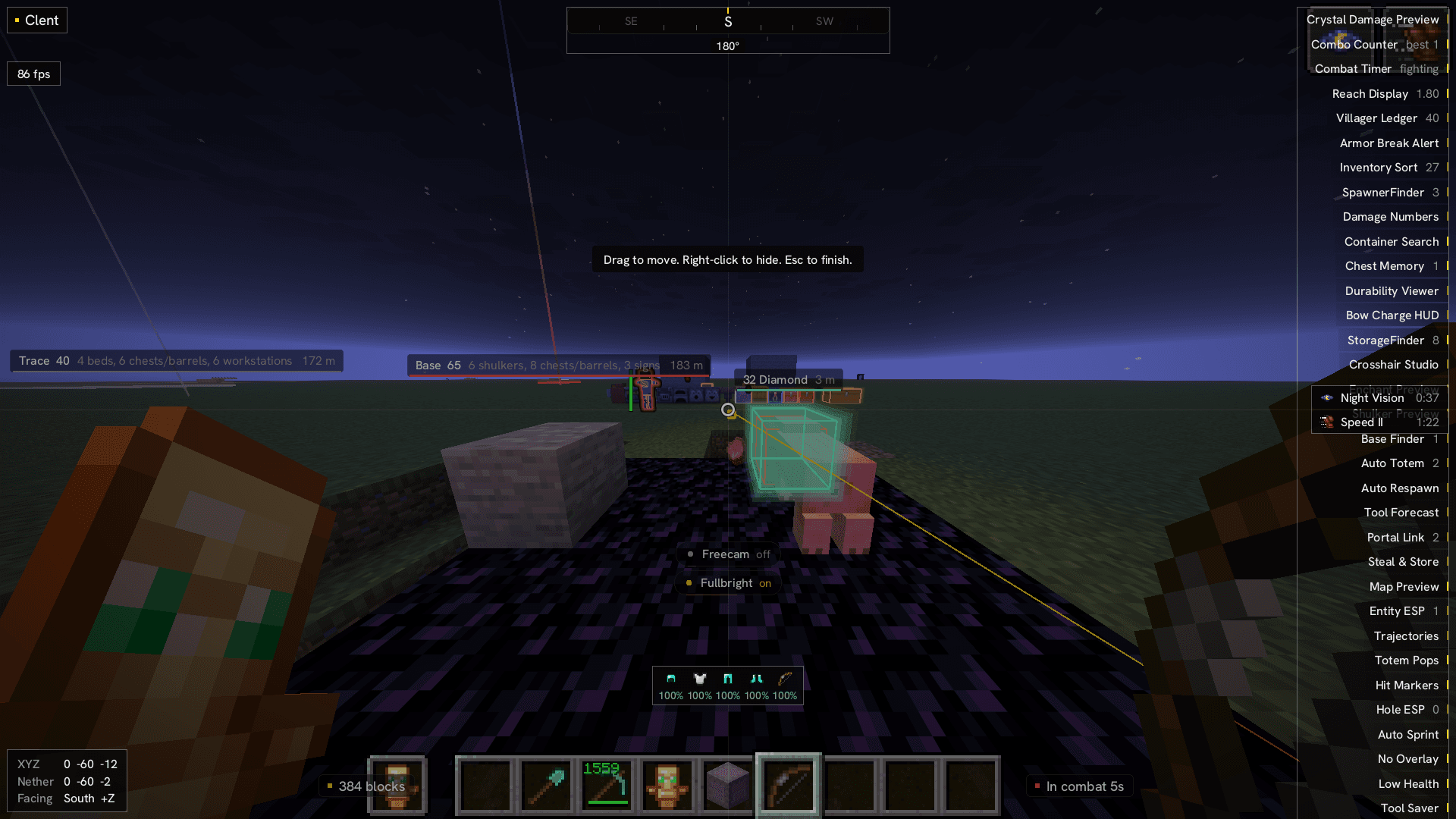 HUD editor with compass, coordinates, armour durability and the module list placed around the screen.