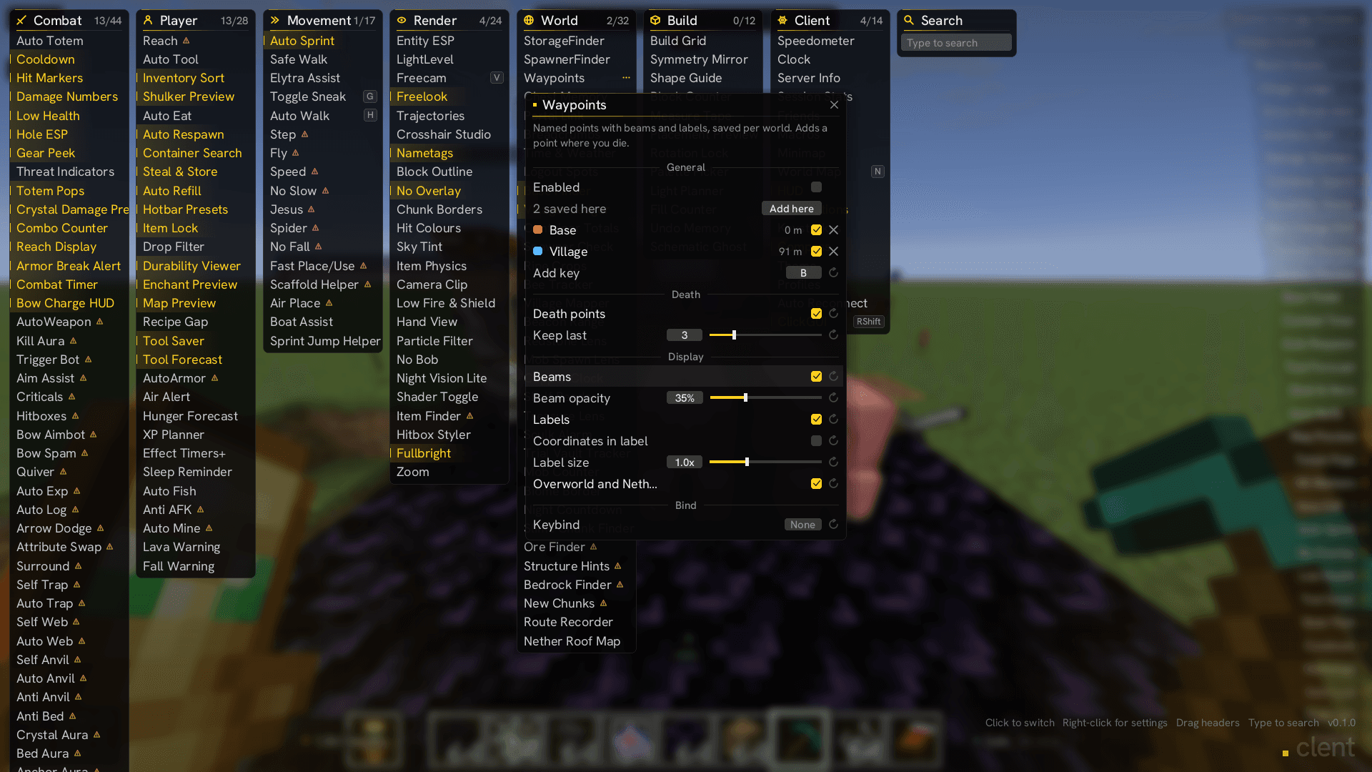 The waypoints properties window open beside the game.