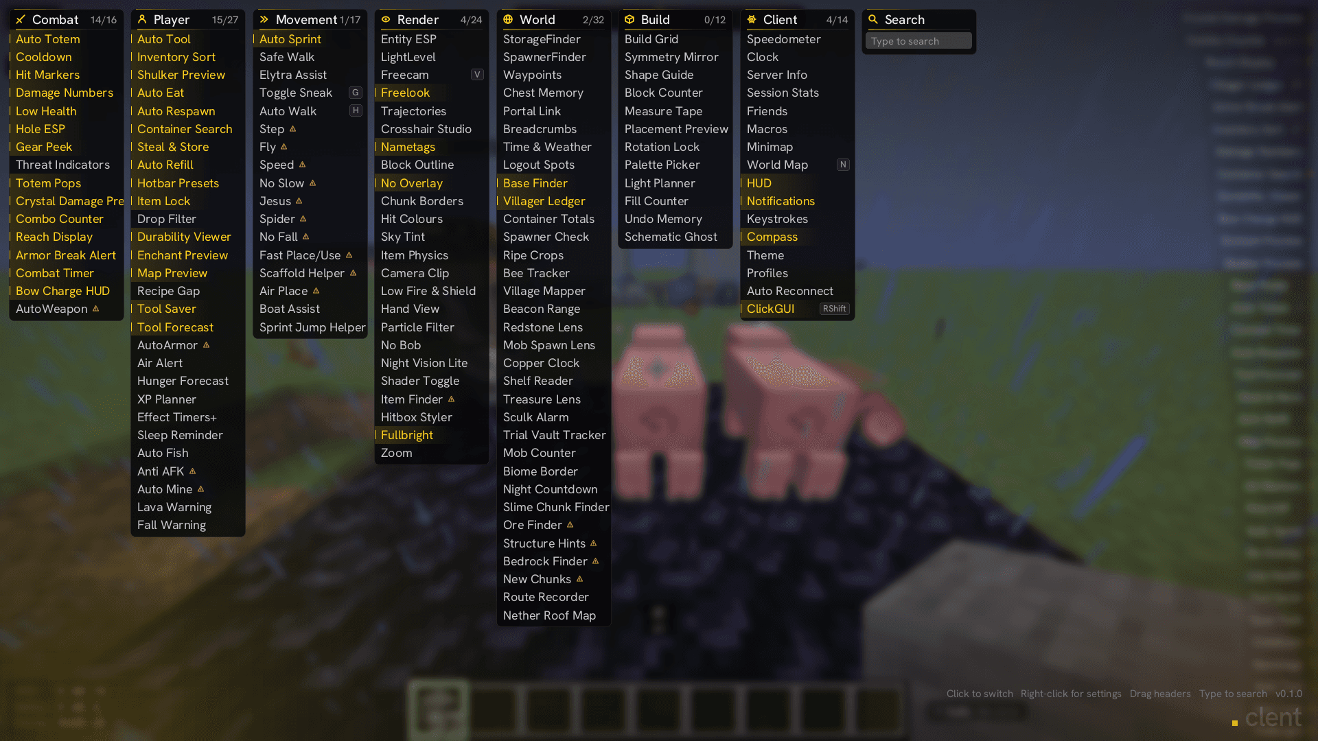 The client menu open over a world: one column per category, enabled modules in yellow.